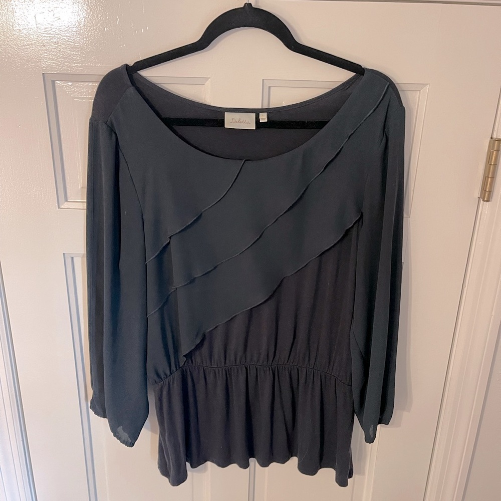 Navy blouse with amazing detail.